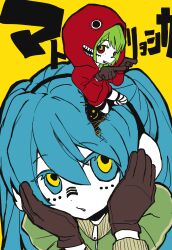  aqua_hair blue_eyes blue_hair chibi gloves green_hair gumi hatsune_miku headphones highres hood hoodie long_hair looking_at_viewer matryoshka_(vocaloid) multiple_girls octopachi open_mouth red_hoodie short_hair smile twintails very_long_hair vocaloid yellow_background 