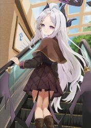 1girl absurdres ahoge alternate_costume black_shirt blue_archive blurry boots brown_boots brown_capelet brown_skirt capelet collared_shirt commentary_request demon_girl demon_horns demon_wings depth_of_field escalator forehead from_behind hair_ornament hairclip highres hina_(blue_archive) horns indoors knee_boots long_hair long_sleeves looking_at_viewer looking_back parted_bangs plaid_clothes plaid_skirt pleated_skirt school_uniform shirt sidelocks skirt smile solo stairs teritama_(teritama_house) violet_eyes wavy_hair white_hair window wings 