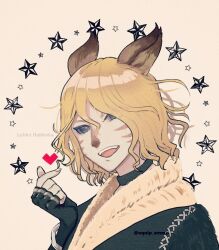  1boy :d animal_ears aqua_eyes black_gloves blonde_hair cat_boy cat_ears character_name equip_ammo facial_mark fang final_fantasy final_fantasy_xi finger_heart fingerless_gloves fur_trim gloves hair_between_eyes lehko_habhoka male_focus mithra_(ff11) portrait short_hair smile solo star_(symbol) star_symbol_background twitter_username whisker_markings 