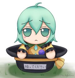  1girl :&lt; ahoge black_hat buttons closed_mouth commentary_request diamond_button eyeball frilled_shirt_collar frilled_sleeves frills frown fumo_(doll) furrowed_brow green_eyes green_hair hat in_hat komeiji_koishi long_sleeves looking_at_viewer no_headwear shirt simple_background solo soo_kazahana third_eye touhou translation_request twitter_username white_background yellow_shirt 