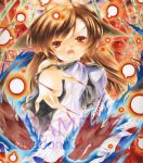  animal_ears artist_name bamboo blue_fire brown_hair danmaku fingernails fire imaizumi_kagerou layered_dress long_fingernails long_hair looking_at_viewer marker_(medium) open_mouth pointing pointing_at_viewer red_background red_eyes sample sharp_fingernails takadono318 touhou traditional_media watermark wolf wolf_ears 