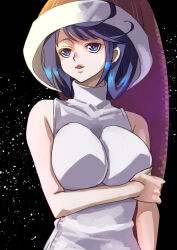  1girl absurdres blue_eyes blue_hair breasts doremy_sweet dress hat highres large_breasts lips looking_at_viewer nightcap open_mouth pom_pom_(clothes) red_hat sawa_(thinking_nt) single_wing sleeveless sleeveless_dress sleeveless_turtleneck smile solo tail tapir_tail touhou turtleneck wings 