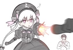  1boy 1girl absurdres bad_link beret black_dress black_hat braid breasts clapping doll_joints dress ebora fate/grand_order fate_(series) frills fujimaru_ritsuka_(male) grey_hair hat highres joints long_hair nursery_rhyme_(fate) open_mouth puffy_short_sleeves puffy_sleeves rocket_punch short_sleeves small_breasts twin_braids violet_eyes 