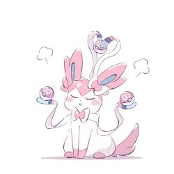  animal_focus blush bow closed_eyes closed_mouth foznya full_body highres holding holding_poke_ball love_ball no_humans pink_fur poke_ball pokemon pokemon_(creature) pokemon_focus ribbon simple_background smile solo sylveon tail two-tone_fur white_background white_fur 