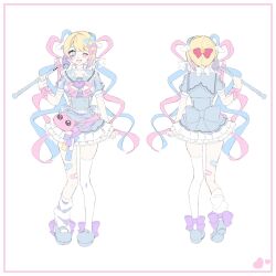  1girl ;d animal_bag bandage_on_leg blonde_hair blue_dress blue_eyes blue_hair blue_sandals blunt_bangs blush bow cat_bag chouzetsusaikawa_tenshi-chan colored_tips dress frilled_dress frills front_and_back full_body hair_bow highres hn_ost holding holding_wand multicolored_hair multiple_hair_bows needy_girl_overdose one_eye_closed pien_cat_(needy_girl_overdose) pink_hair quad_tails sandals smile socks solo standing standing_on_one_leg thigh-highs wand white_socks white_thighhighs zettai_ryouiki 