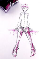  1girl absurdres armored_boots art_tools_in_frame boots bow chinese_clothes closed_eyes collared_shirt cross d.gray-man facing_viewer high_heel_boots high_heels highres inkwell lenalee_lee mandarin_collar messy_hair monochrome pixie_cut purple_theme shirt short_hair short_sleeves simple_background sitting sketch smile sodamachi solo white_background 