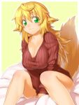  1girl animal_ears blonde_hair blush breasts character_request cleavage fox_ears fox_tail green_eyes highres large_breasts long_hair looking_at_viewer onsoku_maru original ribbed_sweater sitting smile solo sweater tail v_arms 