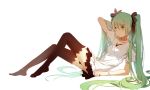  1girl bracelet green_eyes green_hair hatsune_miku jewelry long_hair reclining simple_background skirt solo thighhighs twintails very_long_hair vocaloid white_background world_is_mine_(vocaloid) xuehua 