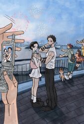  2girls 3boys bag black_hair black_pants blue_pants brick_road brother_and_sister cellphone colored_tips couple dress fireworks flip_phone hakuji_(kimetsu_no_yaiba) hand_on_another&#039;s_shoulder hashibira_inosuke hetero highres holding holding_phone kamado_nezuko kamado_tanjirou kimetsu_no_yaiba koyuki_(kimetsu_no_yaiba) multicolored_hair multiple_boys multiple_girls orange_shirt pants phone pink_background pink_hair pointing railing red_hair shirt shoulder_bag siblings takeuchi_ryousuke taking_picture tank_top white_dress white_tank_top 