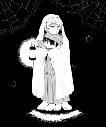  2boys axis_powers_hetalia blanket bug buttons closed_mouth full_body greyscale hachiware_(user_wwva4743) half-closed_eyes hand_up hat holding holding_lantern hug hug_from_behind japan_(hetalia) lantern looking_to_the_side male_focus matching_outfits monochrome multiple_boys nightcap no_mouth no_shoes pajamas pants pom_pom_(clothes) russia_(hetalia) shirt short_hair silk simple_background socks spider spider_web standing striped_clothes striped_hat striped_pants striped_shirt 