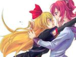  2girls aida_mana blonde_hair blue_eyes dokidoki!_precure eye_contact face-to-face glomp half_updo hand_on_another&#039;s_cheek hand_on_another&#039;s_face hug long_hair looking_at_another multiple_girls pink_eyes pink_hair precure profile red_ribbon regina_(dokidoki!_precure) ribbon school_uniform short_hair simple_background tears white_background yuri 