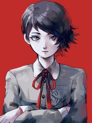  1girl 4me3ba_niku bow bowtie brown_hair crossed_arms grey_eyes highres hiromine_yoko looking_at_viewer red_background red_bow red_bowtie school_uniform shin_megami_tensei shin_megami_tensei_v shin_megami_tensei_v:_vengeance short_hair solo upper_body 