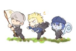  1girl 2boys animal_crossing animal_crossing_(style) black_jacket black_pants blonde_hair blue_eyes blue_hair blue_shirt butterfly_net closed_mouth crossdressing crossdressing_(ftm) full_body furrification furry grey_eyes grey_hair hand_net hashtag-only_commentary hat holding holding_butterfly_net houndstooth jacket long_sleeves looking_at_another multiple_boys narukami_yu open_mouth pants persona persona_4 resaki_ol running scar scar_on_face school_uniform shirogane_naoto shirt short_hair simple_background smile squirrel_girl squirrel_tail tail tatsumi_kanji white_background yasogami_school_uniform 