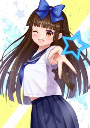  1girl ;d alternate_costume arm_up black_skirt blue_bow blue_neckerchief blunt_bangs blush bow breasts brown_eyes brown_hair commentary_request cowboy_shot dot_nose eyelashes fairy_wings floating_hair foreshortening from_side hair_bow happy highres long_hair looking_at_viewer medium_breasts midriff_peek neckerchief one_eye_closed open_mouth outstretched_arm perspective pleated_skirt shirt simple_background skirt smile solo star_(symbol) star_sapphire suigetsu_(watermoon-910) touhou v very_long_hair white_background white_shirt wings yellow_background 