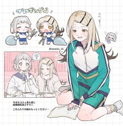  &gt;_&lt; 2girls ? @_@ ^_^ blonde_hair blush_stickers bottle camisole closed_eyes commentary_request dotted_line exhausted flying_sweatdrops gakuen_idolmaster gradient_hair green_shorts grey_hair grid_background gym_shirt gym_uniform hatsuboshi_gakuen_school_uniform highres holding holding_cloth holding_tongs idolmaster jacket katsuragi_lilja mimiss_33 multicolored_hair multiple_girls multiple_views robe school_uniform shinosawa_hiro shirt shorts sitting spoken_question_mark studying sweat tongs track_jacket translation_request trash_bag wariza water_bottle white_camisole white_jacket white_robe 