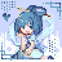  1girl blue_background blue_dress commentary dress full_body hair_ornament hair_rings hair_stick heart kaku_seiga looking_at_viewer pii_614 pixel_art short_sleeves sitting solo touhou 