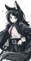  1girl animal_ear_fluff animal_ears arknights bang_dream! bang_dream!_it&#039;s_mygo!!!!! black_hair black_jacket black_shorts blue_eyes collared_shirt cowboy_shot highres jacket jacket_on_shoulders kemonomimi_mode long_hair long_sleeves looking_at_viewer necktie red_necktie shirt shorts simple_background solo standing syake_hogushi tail white_background white_shirt wolf_ears wolf_girl wolf_tail yahata_umiri yahata_umiri_(moonlight_executioner) 