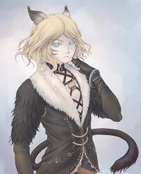  1boy animal_ears black_gloves blue_eyes cactus41747280 cat_boy cat_ears cat_tail commentary_request facial_mark final_fantasy final_fantasy_xi fingerless_gloves frown gloves hand_on_own_chin highres lehko_habhoka looking_at_viewer male_focus medium_hair mithra_(ff11) slit_pupils solo tail upper_body whisker_markings 