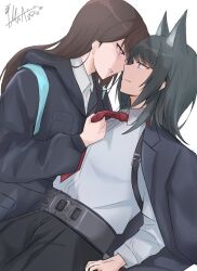 2girls absurdres animal_ears arknights bang_dream! bang_dream!_it&#039;s_mygo!!!!! black_hair black_jacket black_pants brown_hair clothes_grab collared_shirt commentary cosplay doctor_(arknights) doctor_(arknights)_(cosplay) eye_contact hashtag-only_commentary highres jacket jacket_on_shoulders long_hair looking_at_another monkey_ears monkey_girl multiple_girls necktie necktie_grab neckwear_grab pants parted_lips red_necktie shiina_taki shirt simple_background violet_eyes washiemma1 white_background white_shirt wolf_ears yahata_umiri yahata_umiri_(moonlight_executioner) yuri