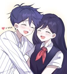  1boy 1girl alternate_color antenna_hair black_sweater_vest blush breasts closed_eyes collared_shirt colored_skin double-parted_bangs hair_between_eyes heart hero_(headspace)_(omori) hero_(omori) highres long_hair long_sleeves mari_(headspace)_(omori) mari_(omori) neckerchief omori open_mouth pajamas purple_hair red_neckerchief shirt short_hair short_sleeves simple_background small_breasts smile striped_clothes striped_pajamas sweater_vest vertical-striped_clothes vertical-striped_pajamas white_background white_shirt white_skin wktdms1 