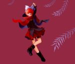    1girl boots bow cape hair_bow iwamoto_james long_sleeves nukekubi red_background red_eyes redhead sekibanki severed_head short_hair simple_background skirt solo touhou 