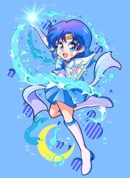  1girl back_bow bishoujo_senshi_sailor_moon bishoujo_senshi_sailor_moon_supers blue_bow blue_bowtie blue_brooch blue_choker blue_eyes blue_hair blue_sailor_collar blue_skirt blue_trim boots bow bowtie brooch bubble choker crescent elbow_gloves gloves happynaru23 heart heart_brooch highres hydrokinesis jewelry sailor_collar sailor_mercury short_hair skirt smile solo standing standing_on_one_leg star_(symbol) star_choker star_on_cheek super_sailor_mercury water white_boots white_gloves 