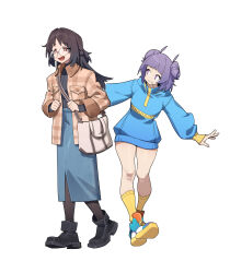 2girls absurdres bag black_pantyhose black_shoes black_sweater blue_skirt blunt_bangs breast_pocket brown_hair candy closed_mouth denim denim_skirt double_bun food full_body genderswap genderswap_(mtf) glasses goz-zz hair_bun highres hood hood_down hoodie inoue_shouma jacket kamen_rider kamen_rider_gavv_(series) kamen_rider_zeztz_(series) kneehighs lollipop lollipop_in_mouth long_hair long_skirt looking_at_another looking_down multiple_girls nervous open_clothes open_jacket open_mouth outstretched_arms pantyhose plaid_clothes plaid_jacket pocket purple_hair red_eyes round_eyewear shoes short_hair shoulder_bag simple_background skirt sneakers socks standing sweatdrop sweater violet_eyes white_background yellow_socks yorozu_baku zipper