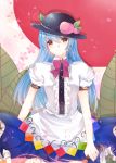  1girl blue_hair food fruit hat hinanawi_tenshi itsuki_(yishu) long_hair peach red_eyes smile solo sword sword_of_hisou touhou weapon 
