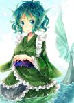  1girl blue_eyes blue_hair head_fins japanese_clothes long_sleeves mermaid monster_girl obi open_mouth short_hair smile solo suzuna951031 touhou wakasagihime water 