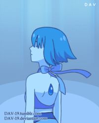  1girl animated animated_gif blue_hair blue_skin bow closed_mouth colored_skin crop_top dav-19 gem homeworld_gem_uniform homeworld_lapis_lazuli_uniform lapis_lazuli_(gemstone) lapis_lazuli_(species)_(steven_universe) lapis_lazuli_(steven_universe) lapis_lazuli_mirror_(steven_universe) lowres mirror shirt short_hair solo steven_universe 