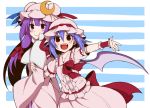  2girls blush crescent eichi_yuu hat long_hair looking_at_viewer multiple_girls open_mouth patchouli_knowledge purple_hair remilia_scarlet short_hair smile striped striped_background touhou wings 