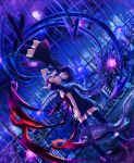  1girl black_hair blue_eyes city cityscape dress dual_persona dutch_angle eel fence flower full_moon grin hand_on_another&#039;s_head houjuu_nue iron_bars moon night parted_lips pink_rose red_eyes rose rotational_symmetry short_hair skybean smile thighhighs touhou upside-down zettai_ryouiki 