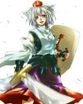  1girl animal_ears detached_sleeves fingerless_gloves gloves hat inubashiri_momiji open_mouth red_eyes shield short_hair silver_hair skirt solo sword tail tokin_hat touhou unya weapon wolf_ears wolf_tail 