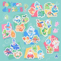  2025 absurdres arms_up bulbasaur character_doll character_name charmander chespin chikorita chimchar clefairy commentary cyndaquil doll fennekin fire flame-tipped_tail froakie fuecoco grookey happy highres holding holding_doll kinokorin litten lying mega_stone mouth_hold mudkip no_humans on_stomach open_mouth oshawott outline piplup plant pokemon pokemon_(creature) pokemon_day popplio quaxly rowlet scorbunny smile snivy sobble sprigatito squirtle starter_pokemon_trio substitute_(pokemon) tail tepig torchic totodile treecko turtwig unown vines white_outline zygarde zygarde_core 