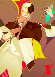  1boy abstract_background absurdres black_suit bowl_cut hair_slicked_back highres male_focus mintbreak mullet revealing_layer round_eyewear smug snapping_fingers solo suit tinted_eyewear to_be_hero to_be_hero_x vest white_suit white_vest x_(to_be_hero_x) x_ornament yellow-tinted_eyewear 