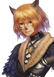  1boy 7029 animal_ears black_gloves blonde_hair cat_boy cat_ears facial_mark final_fantasy final_fantasy_xi gloves hair_between_eyes highres lehko_habhoka looking_at_viewer male_focus mithra_(ff11) short_hair simple_background smile solo upper_body whisker_markings white_background 