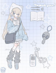  1girl alien am314 bag bandaid bandaid_on_knee bandaid_on_leg beanie blonde_hair blue_eyes blue_jacket charm_(object) commission digital_media_player earflap_beanie earphones earphones eraser grey_leg_warmers hat highres jacket leg_warmers long_hair long_sleeves looking_at_viewer notebook off_shoulder original pen shirt shoes shoulder_bag skeb_commission sleeves_past_fingers sleeves_past_wrists sneakers solo twintails white_hat white_shirt 