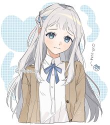  1girl alternate_hair_length alternate_hairstyle blue_eyes blue_ribbon blush braid brown_cardigan cardigan commentary cropped_torso dress_shirt gakuen_idolmaster grey_hair hair_ribbon half_up_braid idolmaster katsuragi_lilja long_hair looking_at_viewer mimiss_33 neck_ribbon ribbon ribbon_braid school_uniform shirt solo translation_request twitter_username upper_body very_long_hair white_shirt 