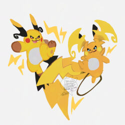 :d animal bright_pupils closed_mouth commentary_request fang happy lightning_bolt_symbol mega_raichu_x mega_raichu_y no_humans open_mouth pokemon pokemon_(creature) pokemon_focus pokemon_legends:_z-a raichu sagemaru-br signature simple_background smile tongue watermark white_background white_pupils