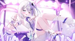  1girl :d aqua_eyes arm_cuffs blush boots collared_shirt commentary finger_to_face frilled_cuffs frilled_shirt frilled_wrist_cuffs frills glowstick hair_ornament hairclip hands_up highres kyoushi_paa_(artist) looking_at_viewer medium_hair million_production nonono_nono official_art one_eye_closed one_side_up open_mouth pants purple_ribbon ribbon shirt sleeveless sleeveless_shirt smile solo stage stage_lights thigh_strap virtual_youtuber white_boots white_hair white_pants white_shirt wrist_cuffs x_hair_ornament 