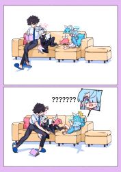  >_< 1boy 2girls ? ?? absurdres arona_(blue_archive) black_hair blue_archive blue_hair blue_halo blunt_bangs bow collared_shirt colored_inner_hair couch crossed_legs falling hair_bow hairband halo highres je_o_mo long_coat long_hair multicolored_hair multiple_girls necktie pants pantyhose pink_hair pink_halo plana_(blue_archive) pleated_skirt reading school_uniform sensei_(blue_archive) sensei_(blue_archive_the_animation) serafuku shirt short_hair skirt slippers spoken_character spoken_expression sweatdrop tablet_pc very_long_hair whale white_hair 