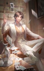  1boy ahoge artist_request belt belt_buckle blazer brown_belt brown_hair buckle buttons card chair collared_jacket collared_shirt cross-laced_clothes cross-laced_legwear cup dress_pants dress_shoes drinking_glass earrings feather_earrings feathers floating_card foot_out_of_frame formal_clothes game_cg grin hair_between_eyes happy highres house_of_cards indoors jacket jewelry joker_(playing_card) lapels layered_sleeves light_particles lips living_room long_sleeves looking_at_viewer male_focus multiple_rings nikki_(series) notched_lapels official_art on_chair painting_(object) pants parted_bangs pinstripe_pattern pinstripe_vest playing_card red_eyes rien_(shining_nikki) ring shelf shining_nikki shirt shoes short_hair single_earring sitting smile socks solo suit throwing tray vase vest white_jacket white_pants white_shirt white_shoes white_socks white_suit wine_glass yellow_vest 