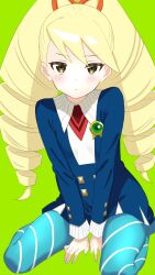  1girl blue_dress blue_pantyhose blush brown_eyes closed_mouth dress drill_hair green_background highres jufukudo long_hair long_sleeves looking_at_viewer luna_platz_(mega_man) mega_man_(series) mega_man_star_force_(series) panties pantyhose sitting solo striped_clothes striped_panties twin_drills twintails underwear wariza 