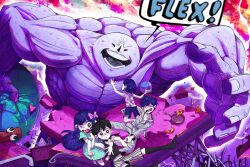  1girl 5boys absurdres alternate_eye_color antenna_hair aubrey_(headspace)_(omori) aubrey_(omori) barefoot black_eyes black_hair black_socks black_tank_top blue_shirt blush bow bright_pupils brothers closed_eyes closed_mouth collarbone colored_skin double-parted_bangs english_commentary food frying_pan hair_bow hero_(headspace)_(omori) hero_(omori) highres kaydakay kel_(headspace)_(omori) kel_(omori) kneehighs long_hair long_shirt long_sleeves looking_at_another mr._jawsum multiple_boys muscular omori omori_(omori) open_mouth pajamas pants pink_bow pizza pizza_slice pluto_(omori) purple_hair purple_shorts scene_reference shirt short_hair short_sleeves shorts siblings socks speech_bubble striped_clothes striped_pajamas striped_pants striped_shorts t-shirt tank_top teeth the_earth_(omori) tongue vertical-striped_clothes vertical-striped_pajamas vertical-striped_pants vertical-striped_shorts white_pupils white_shorts white_skin 