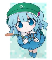  1girl aqua_background azuma_meri blue_eyes blue_hair blue_skirt cattail commentary flat_cap green_hat hair_bobbles hair_ornament hat highres kawashiro_nitori key long_sleeves plant pocket short_hair skirt solo touhou two_side_up 