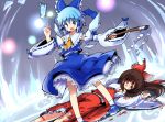  2girls ankle_socks arm_up ascot blood bloody_clothes blue_eyes blue_hair bow brown_eyes brown_hair cirno cosplay detached_sleeves empty_eyes gohei gradient gradient_background hair_bow hair_tubes hakkotsu_shitai hakurei_reimu hakurei_reimu_(cosplay) ice light_particles long_hair looking_at_viewer lying multiple_girls ofuda on_stomach open_mouth outstretched_arm shoes short_hair skirt skirt_set sneakers touhou wings 