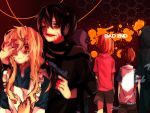  3boys 3girls black_hair blonde_hair blood brown_hair covering_one_eye gun hibiya_(kagerou_project) highres honeycomb_background hoodie kagerou_project kano_(kagerou_project) kido_(kagerou_project) kisaragi_momo konoha_(kagerou_project) long_hair mary_(kagerou_project) multiple_boys multiple_girls outer_science_(vocaloid) red_eyes short_hair side_ponytail smile tears weapon yamori_shiki 