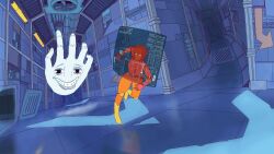  1girl 1other android blue_theme cable character_request color_contrast commentary commission cyberpunk deadeye_deepfake_simulacrum disembodied_hand english_text evil_grin evil_smile fleeing full_body grate grin guest_art heads-up_display helmet highres holographic_interface indoors industrial_pipe ksteakay ligne_claire looking_back mirrored_text radio_antenna running science_fiction sideways_glance smile user_interface vent_(object) wide_shot 