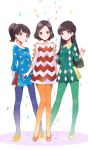  3girls a~chan blue_dress brown_eyes brown_hair diamond_(shape) dress earrings fly_333 green_dress green_legwear high_heels highres jewelry kashiyuka long_hair multiple_girls nocchi_(perfume) pantyhose perfume purple_legwear short_hair smile standing white_dress yellow_legwear 