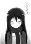  1girl aki99 blush facing_viewer flat_chest highres long_hair monochrome scarf smile solo translation_request 